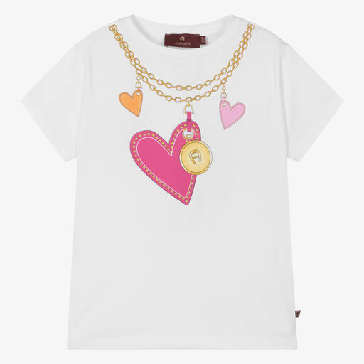 AIGNER-Girls White Cotton Heart & Chain T-Shirt | Childrensalon