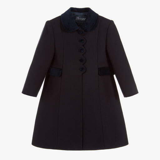 Ancar-Girls Navy Blue Wool & Velvet Coat  | Childrensalon