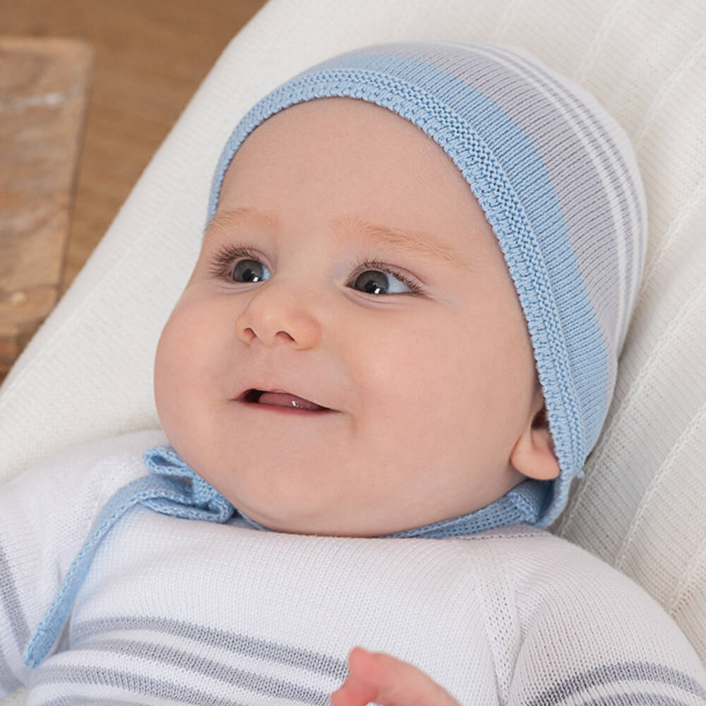 Artesanía Granlei-Baby Boys Grey & Blue Stripe Bonnet | Childrensalon