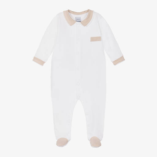 Babidu-White & Beige Cotton Babygrow | Childrensalon