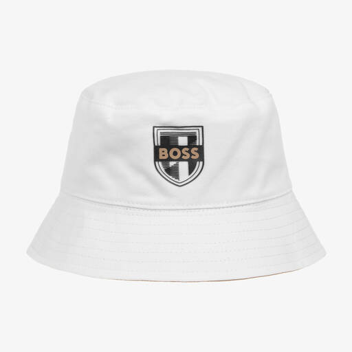 BOSS-Baby Boys White & Beige Reversible Bucket Hat | Childrensalon