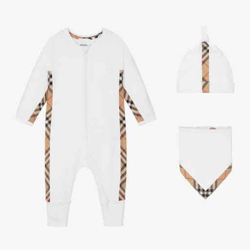 Burberry-White Cotton Check Babysuit Gift Set | Childrensalon