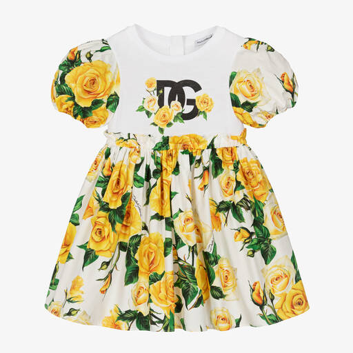 Dolce & Gabbana-Girls Yellow Rose Print Cotton Dress | Childrensalon