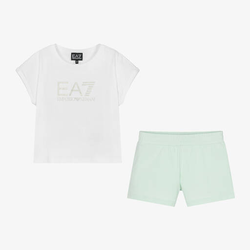 EA7 Emporio Armani-Teen Girls White & Green Cotton Shorts Set | Childrensalon
