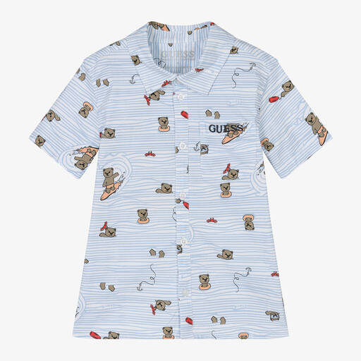 Guess-Boys Blue & White Cotton Bears Shirt | Childrensalon
