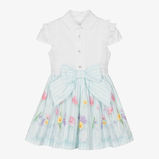 Lapin House-Girls White & Green Striped Cotton Dress | Childrensalon