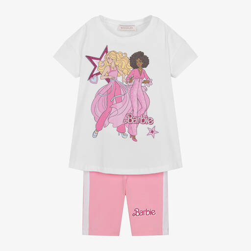 Monnalisa-Girls White & Pink Cotton Barbie Shorts Set | Childrensalon