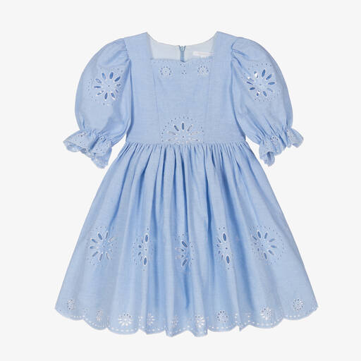 Patachou-Girls Blue Embroidered Cotton Dress | Childrensalon