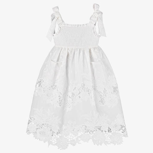 Patachou-Girls White Embroidered Cotton Dress | Childrensalon