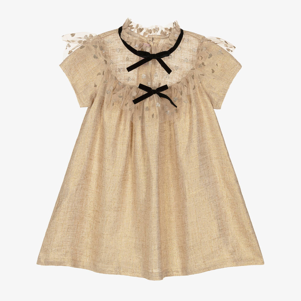 Phi Clothing - Girls Gold Shimmer Cotton & Linen Dress | Childrensalon
