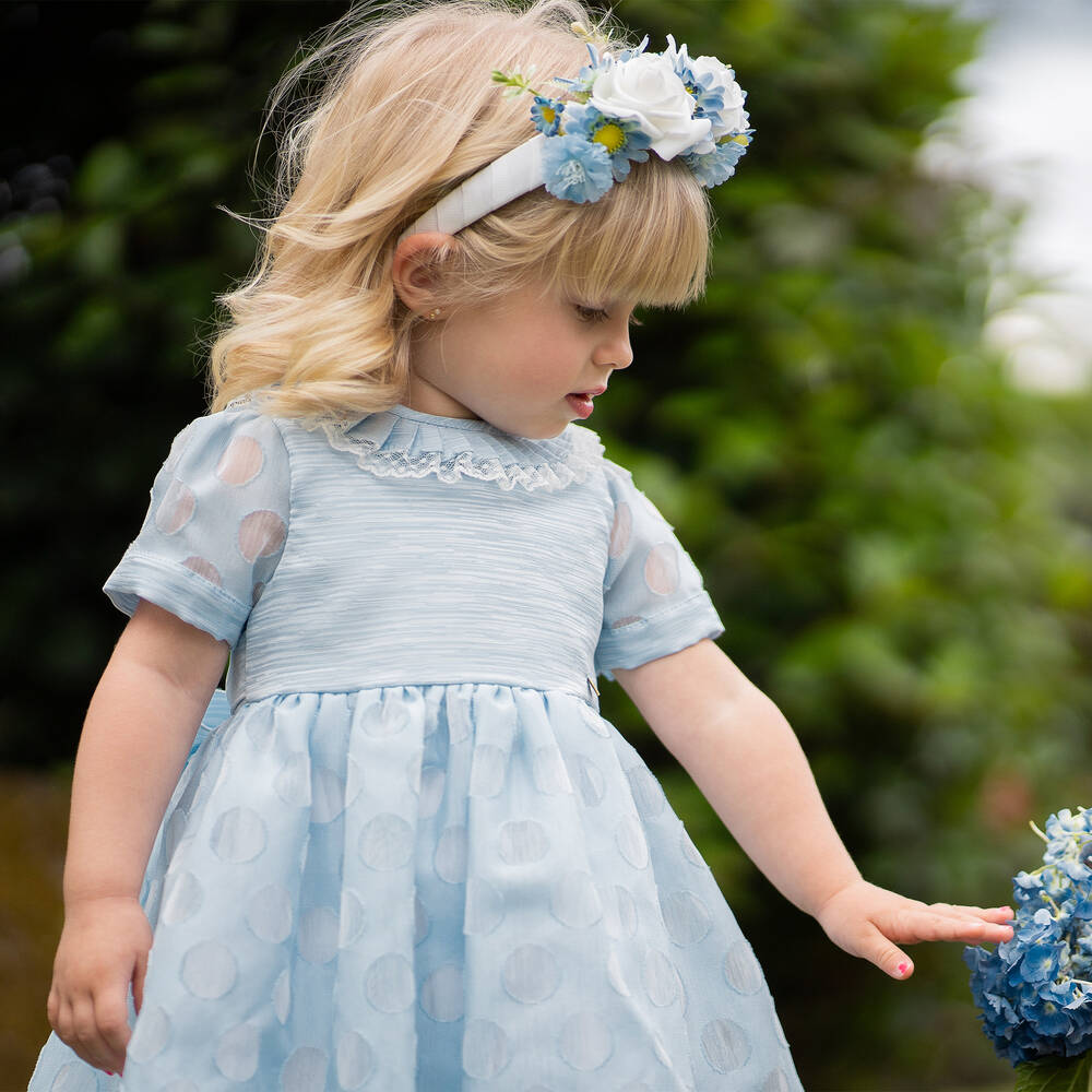 Piccola Speranza-Baby Girls Blue Polka Dot Dress | Childrensalon