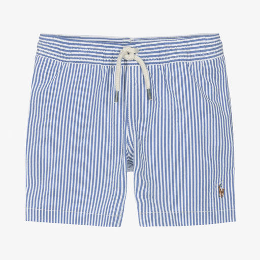 Ralph Lauren-Boys Blue Striped Seersucker Swim Shorts | Childrensalon