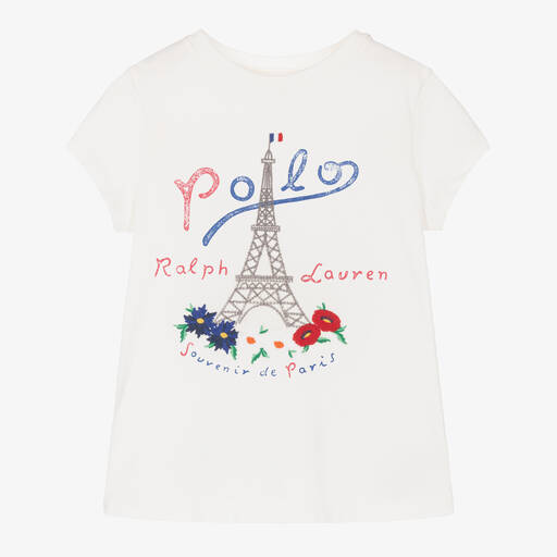 Ralph Lauren-Girls White Cotton Eiffel Tower T-Shirt | Childrensalon