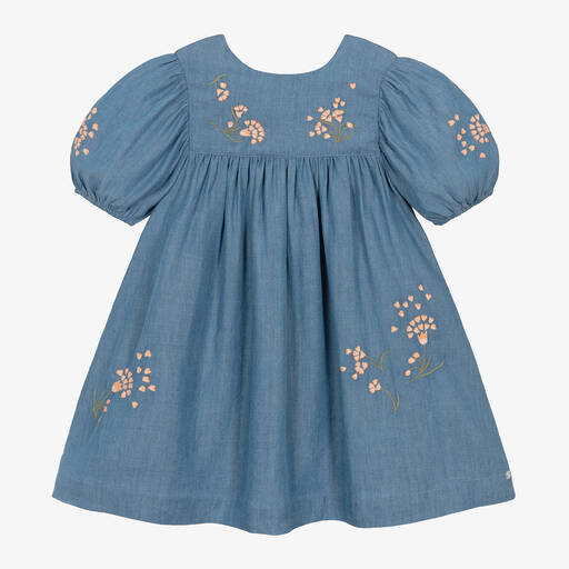 Tartine et Chocolat-Girls Blue Embroidered Chambray Dress | Childrensalon