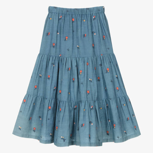 Tartine et Chocolat-Girls Long Blue Chambray Floral Skirt | Childrensalon