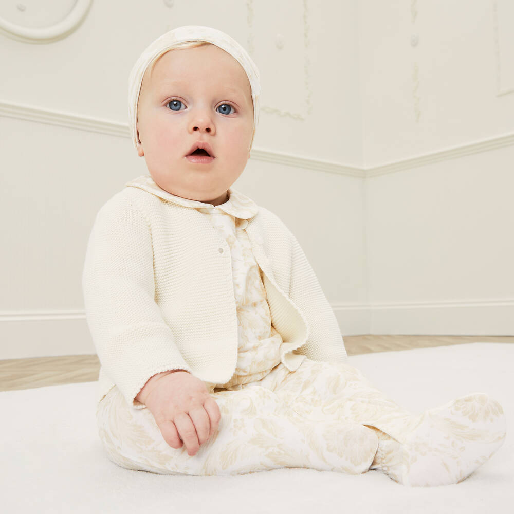 Versace-Beige Cotton Barocco Babygrow Gift Set | Childrensalon